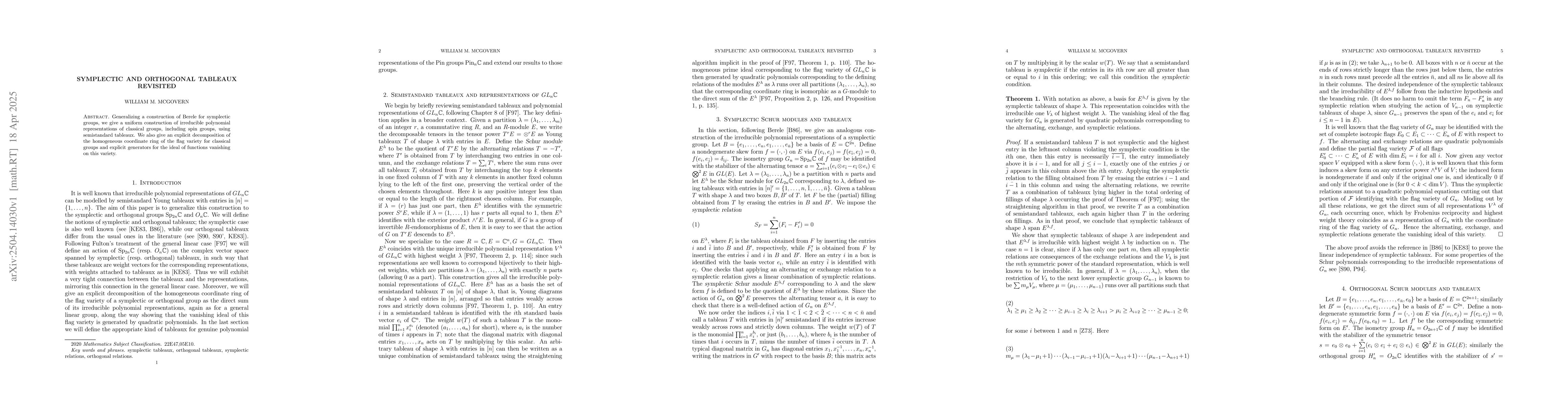 Thumbnail for Symplectic and orthogonal tableaux revisited
