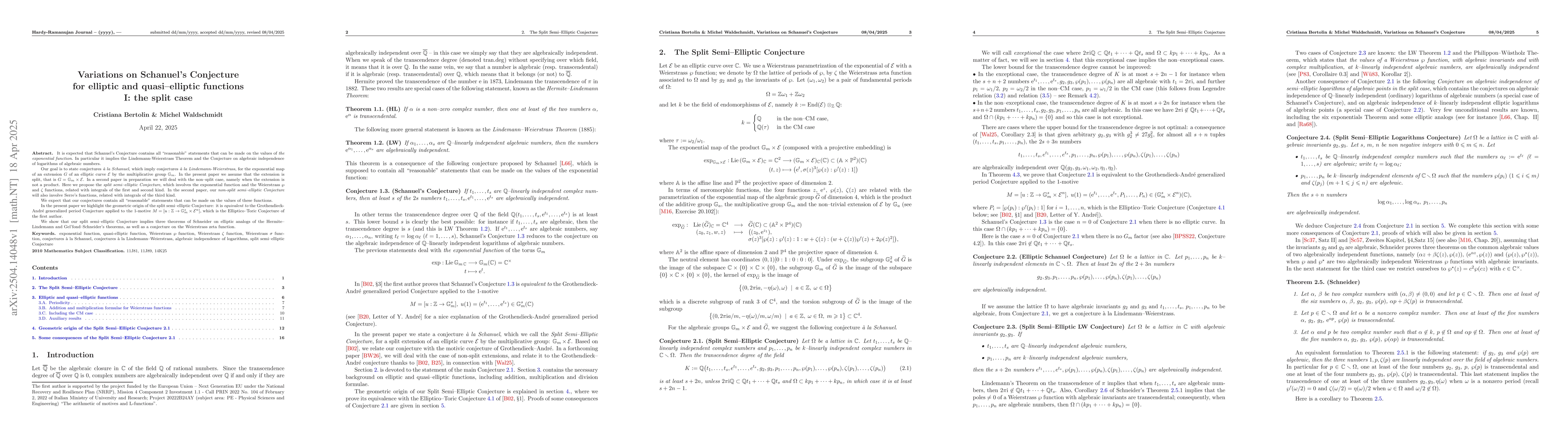 Thumbnail for Variations on Schanuel's Conjecture for elliptic and quasi-elliptic
  functions I: the split case