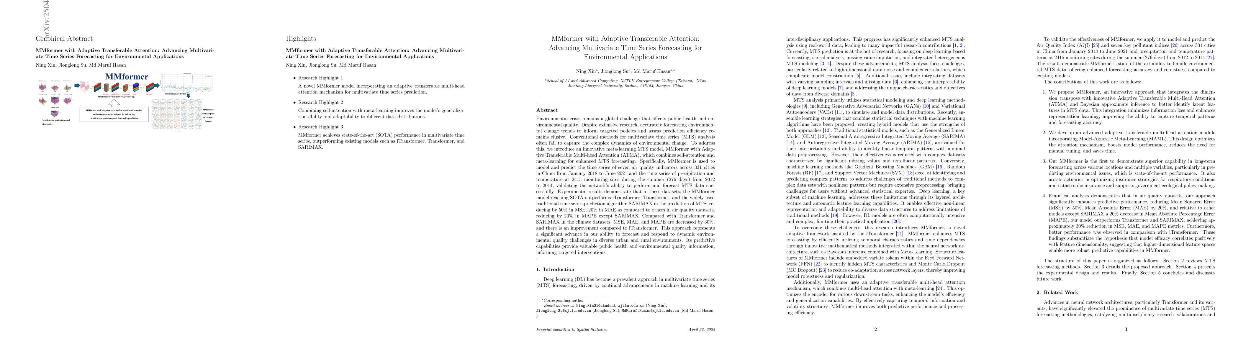 Thumbnail for MMformer with Adaptive Transferable Attention: Advancing Multivariate
  Time Series Forecasting for Environmental Applications
