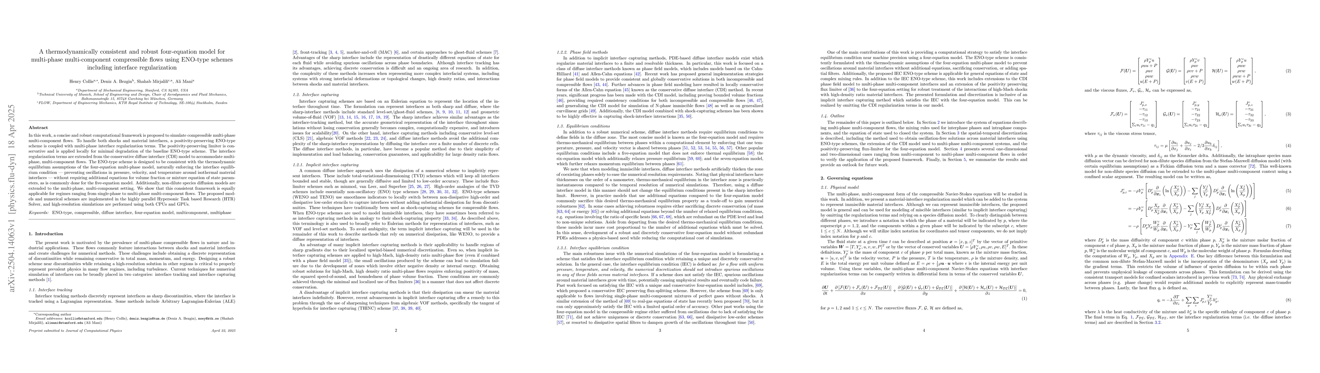 Thumbnail for A thermodynamically consistent and robust four-equation model for
  multi-phase multi-component compressible flows using ENO-type schemes
  including interface regularization