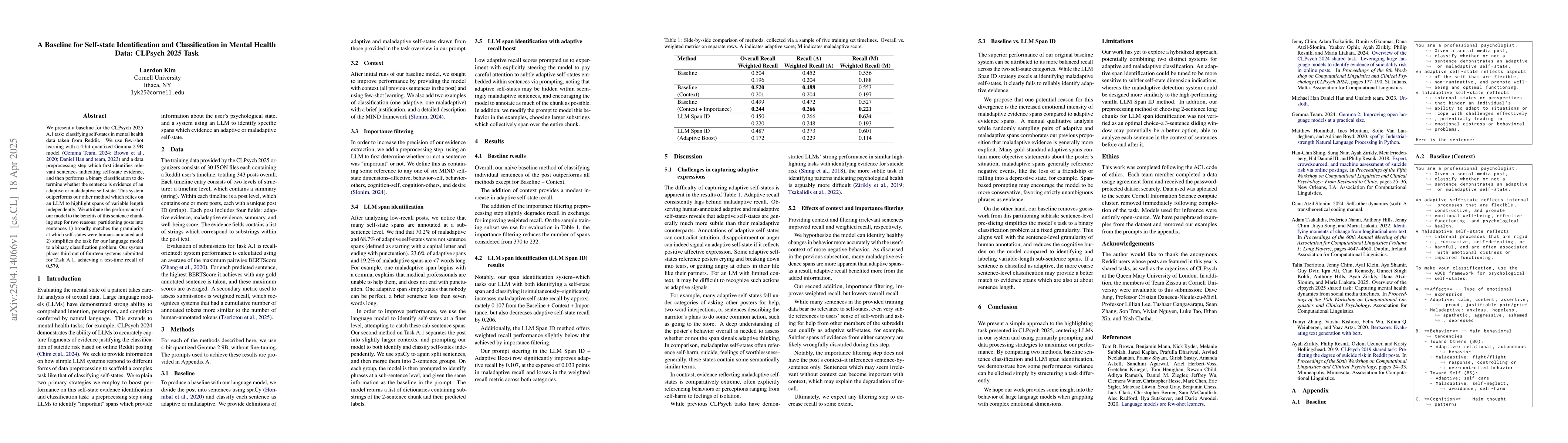 Thumbnail for A Baseline for Self-state Identification and Classification in Mental
  Health Data: CLPsych 2025 Task