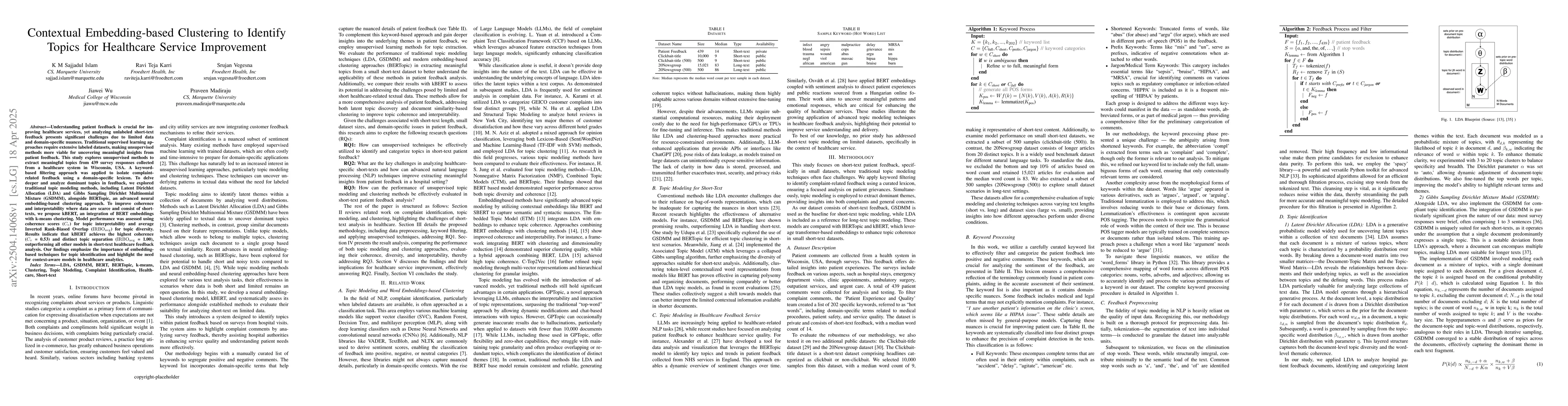 Thumbnail for Contextual Embedding-based Clustering to Identify Topics for Healthcare
  Service Improvement