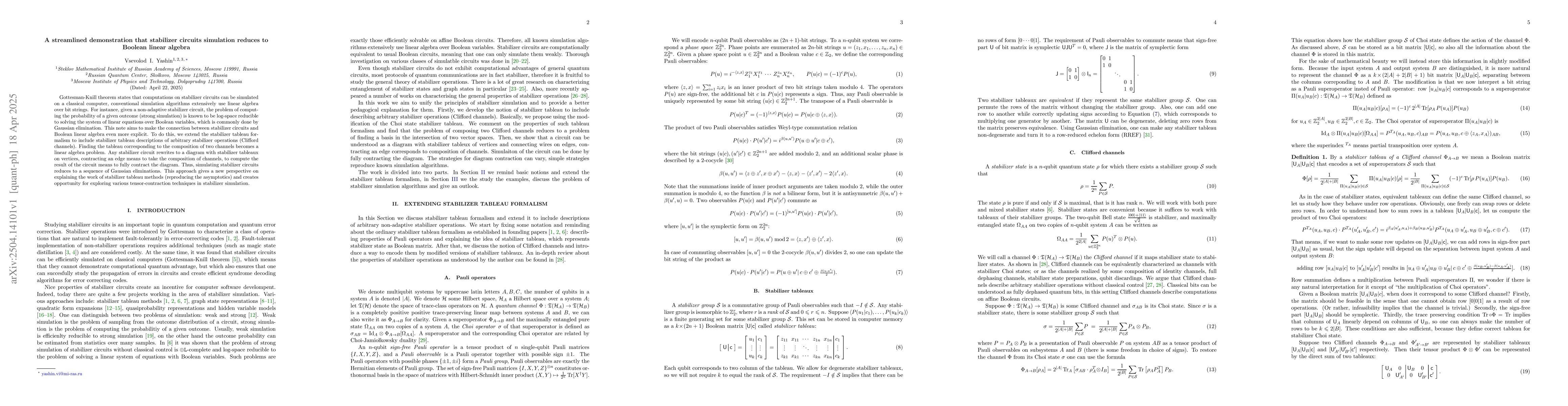 Thumbnail for A streamlined demonstration that stabilizer circuits simulation reduces
  to Boolean linear algebra
