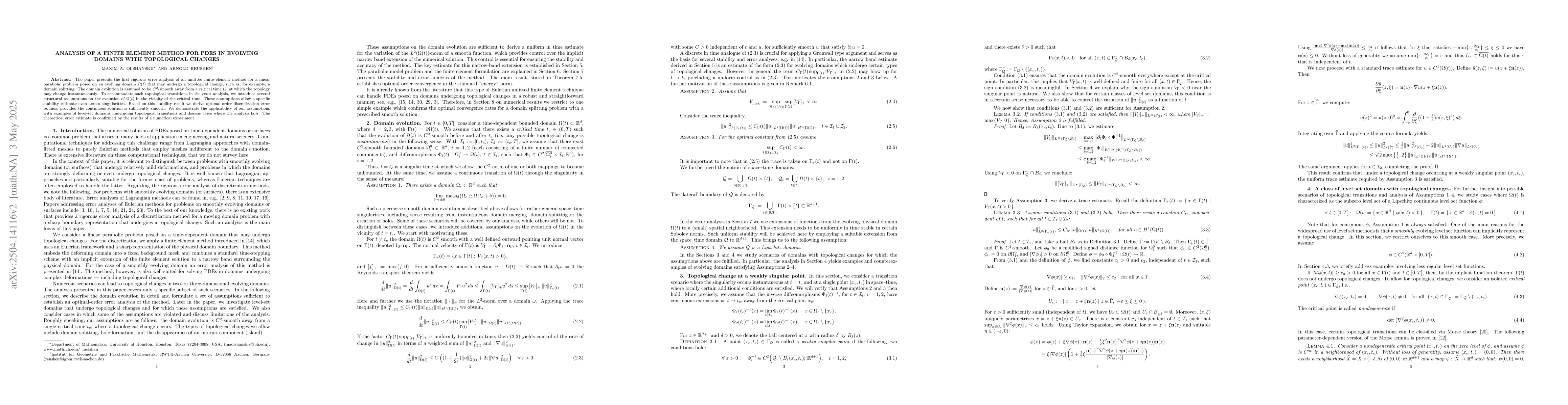 Thumbnail for Analysis of a finite element method for PDEs in evolving domains with
  topological changes