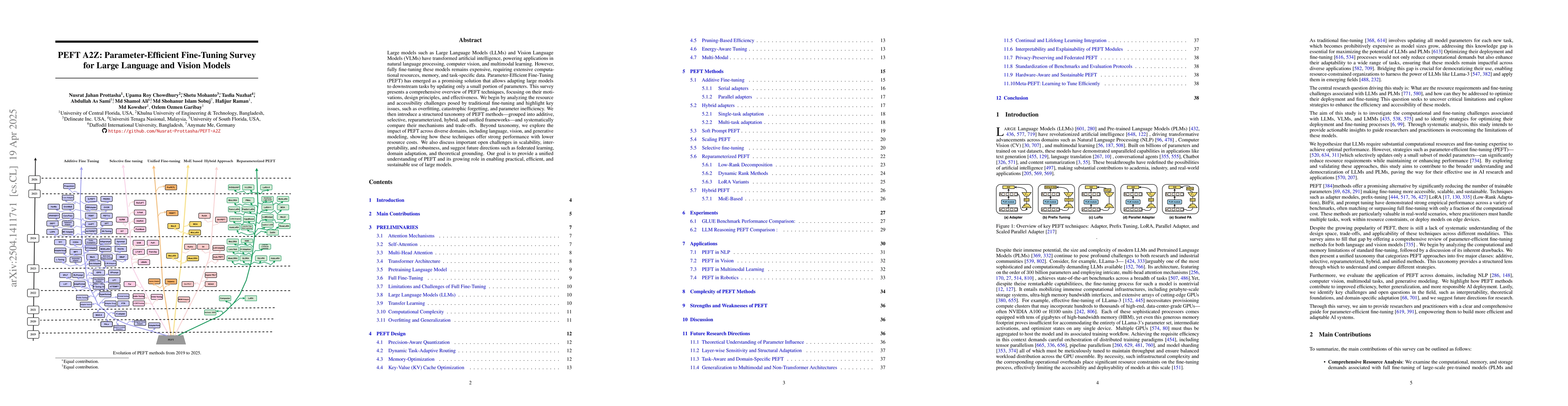 Thumbnail for PEFT A2Z: Parameter-Efficient Fine-Tuning Survey for Large Language and
  Vision Models