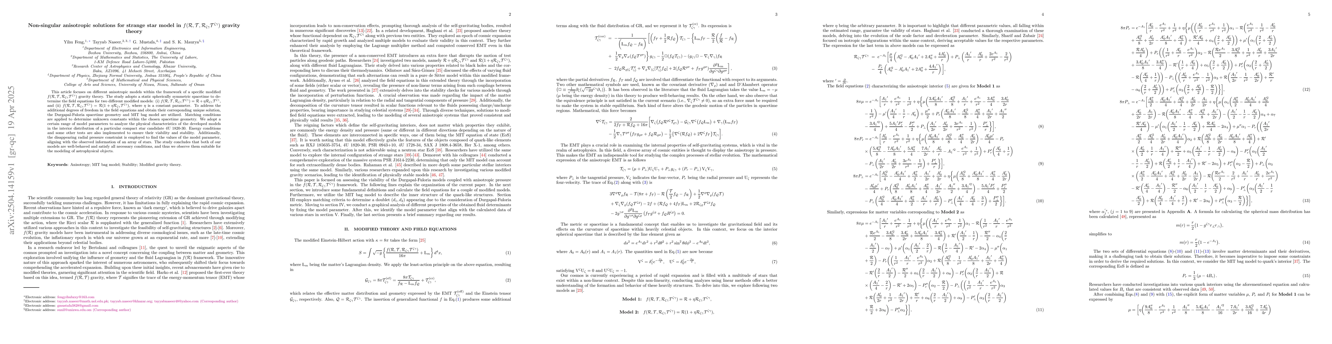 Thumbnail for Non-singular anisotropic solutions for strange star model in
  $f(\mathcal{R},\mathcal{T},\mathcal{R}_{ζγ}\mathcal{T}^{ζγ})$
  gravity theory