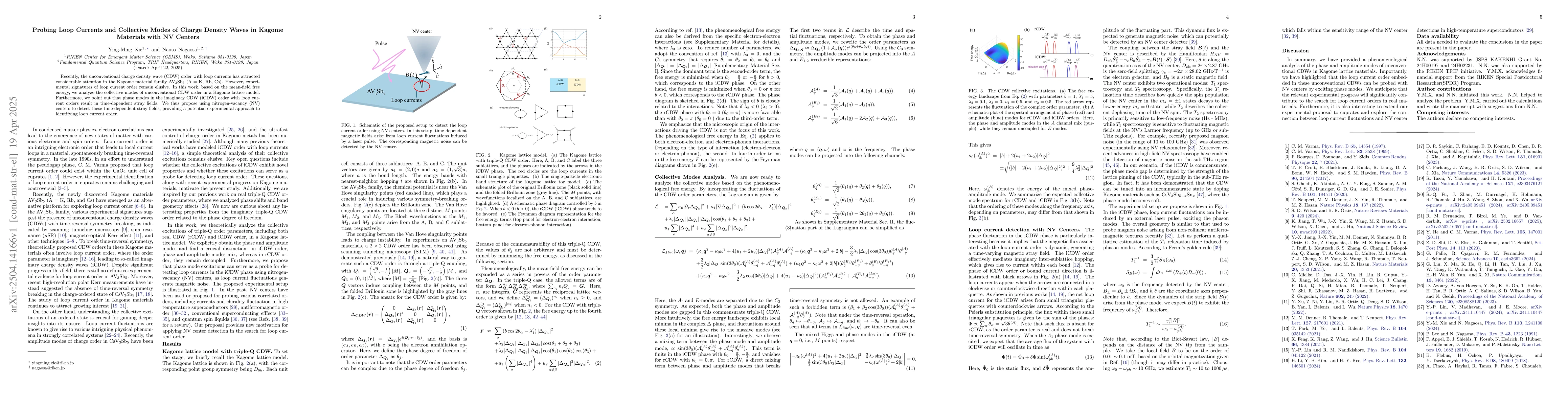 Thumbnail for Probing Loop Currents and Collective Modes of Charge Density Waves in
  Kagome Materials with NV Centers