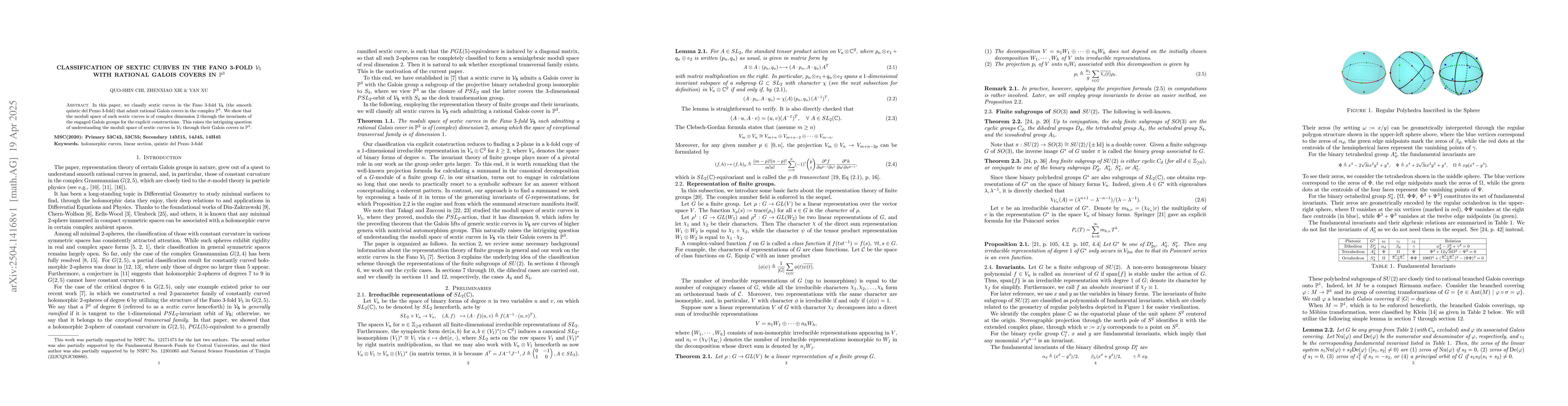 Thumbnail for Classification of sextic curves in the Fano 3-fold $\mathcal{V}_5$ with
  rational Galois covers in ${\mathbb P}^3$