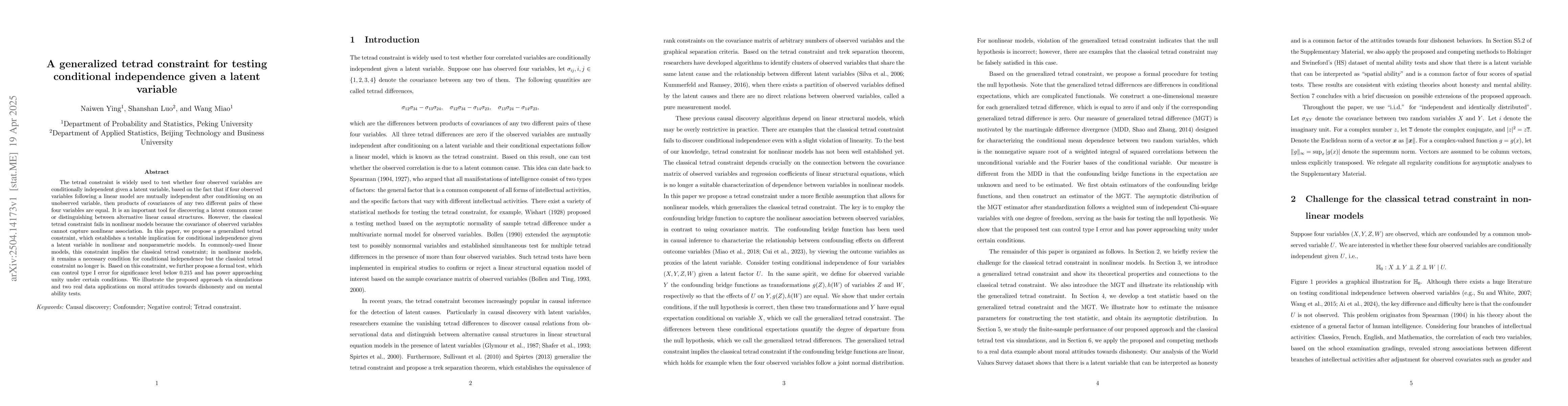 Thumbnail for A generalized tetrad constraint for testing conditional independence
  given a latent variable