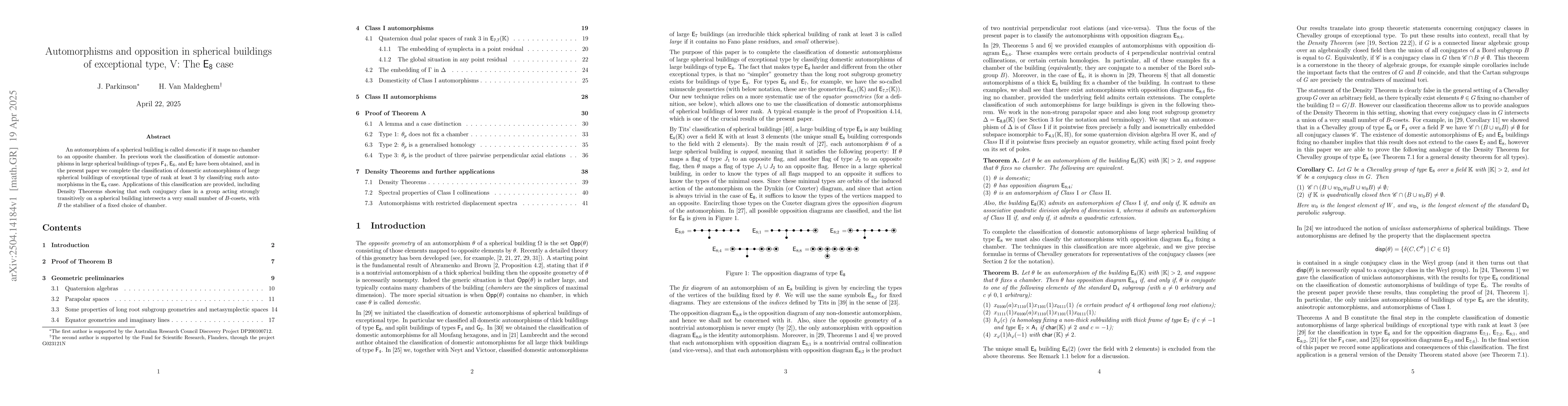 Thumbnail for Automorphisms and opposition in spherical buildings of exceptional type,
  V: The $\mathsf{E}_8$ case