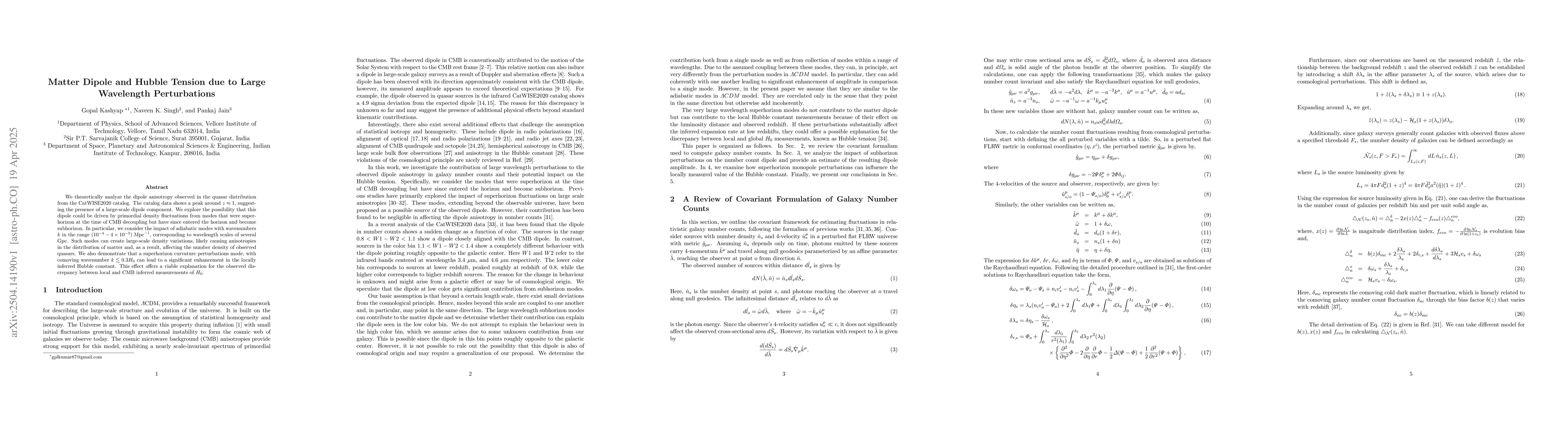Thumbnail for Matter Dipole and Hubble Tension due to Large Wavelength Perturbations