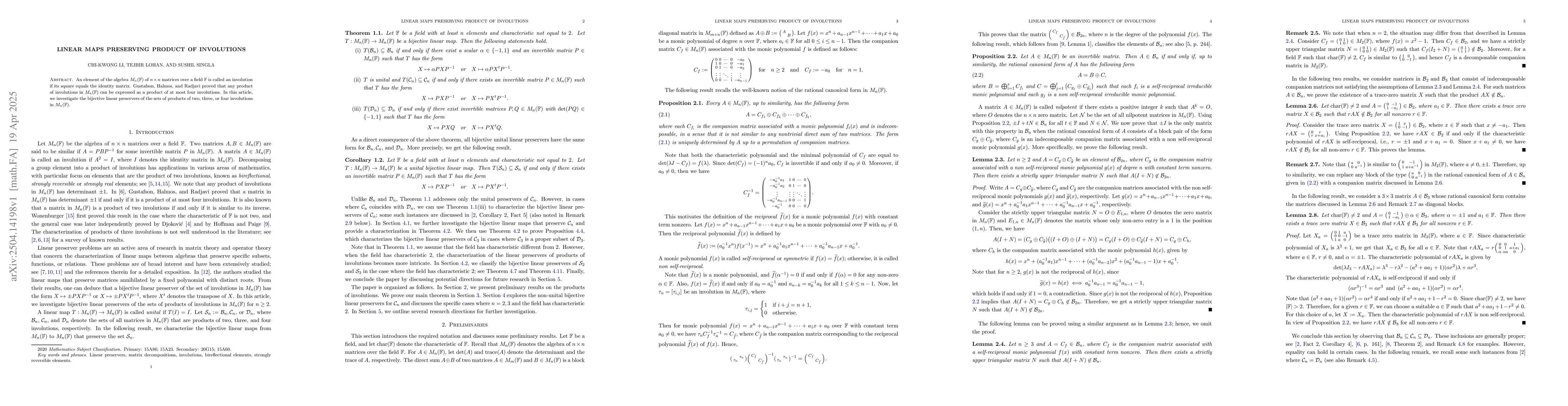 Thumbnail for Linear maps preserving product of involutions