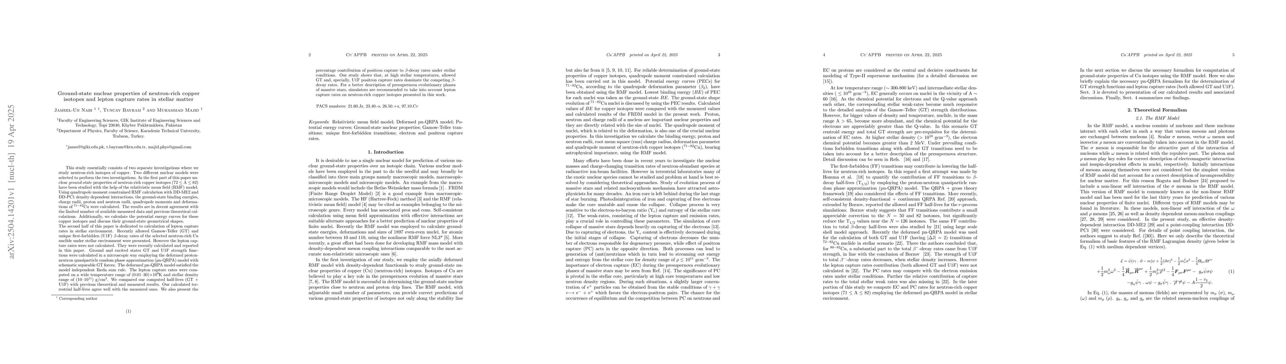 Thumbnail for Ground-state nuclear properties of neutron-rich copper isotopes and
  lepton capture rates in stellar matter