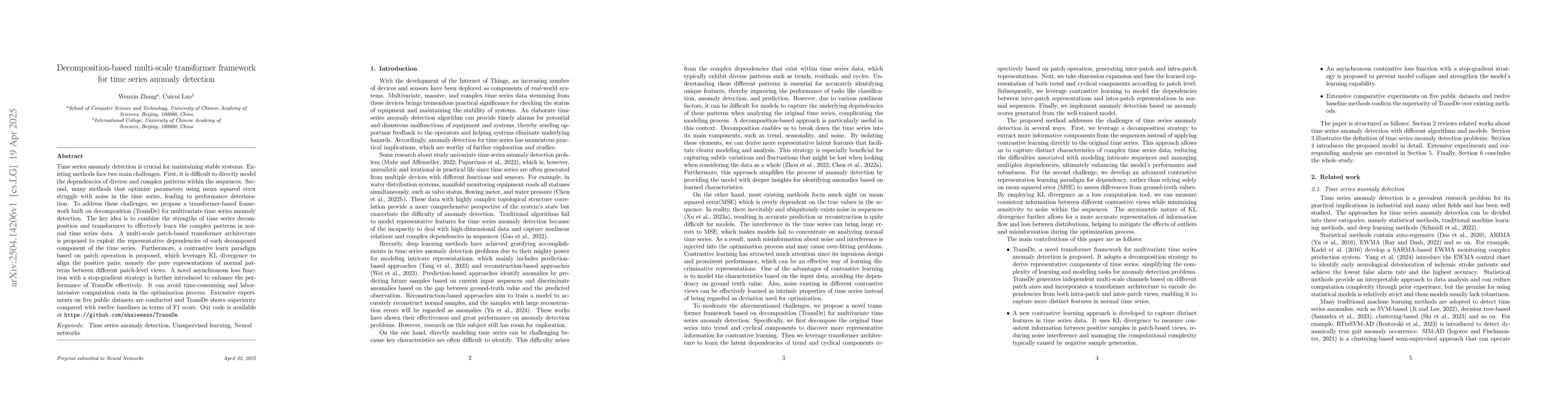 Thumbnail for Decomposition-based multi-scale transformer framework for time series
  anomaly detection