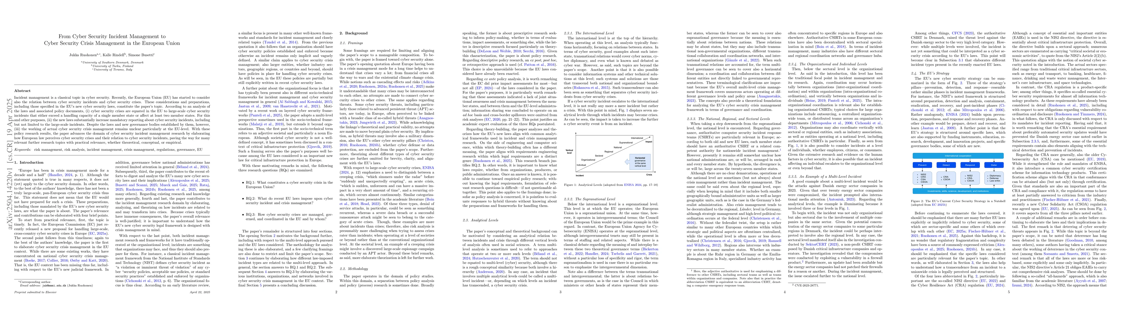 Thumbnail for From Cyber Security Incident Management to Cyber Security Crisis
  Management in the European Union