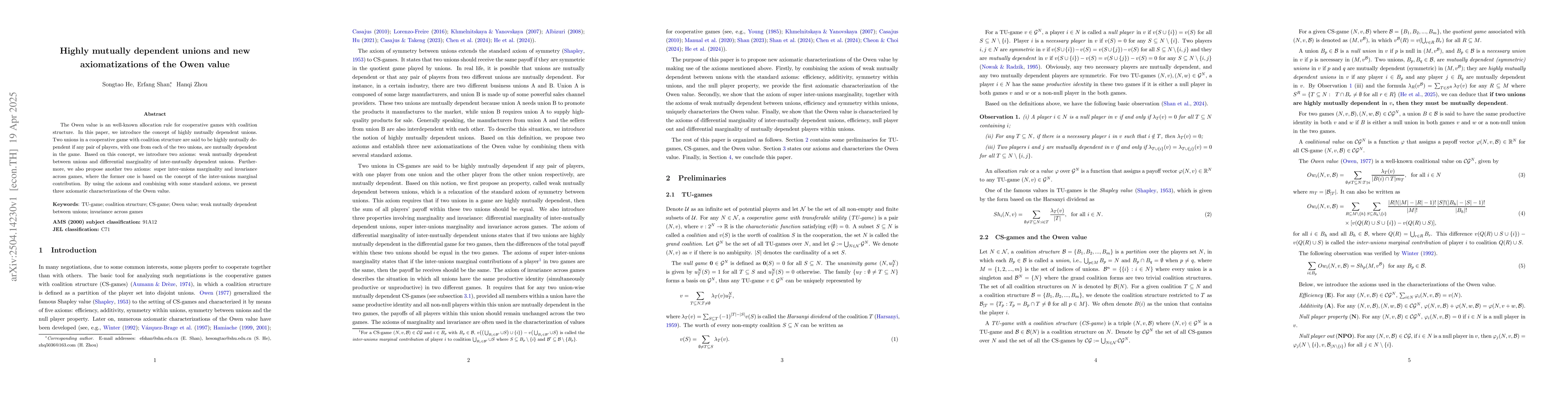 Thumbnail for Highly mutually dependent unions and new axiomatizations of the Owen
  value