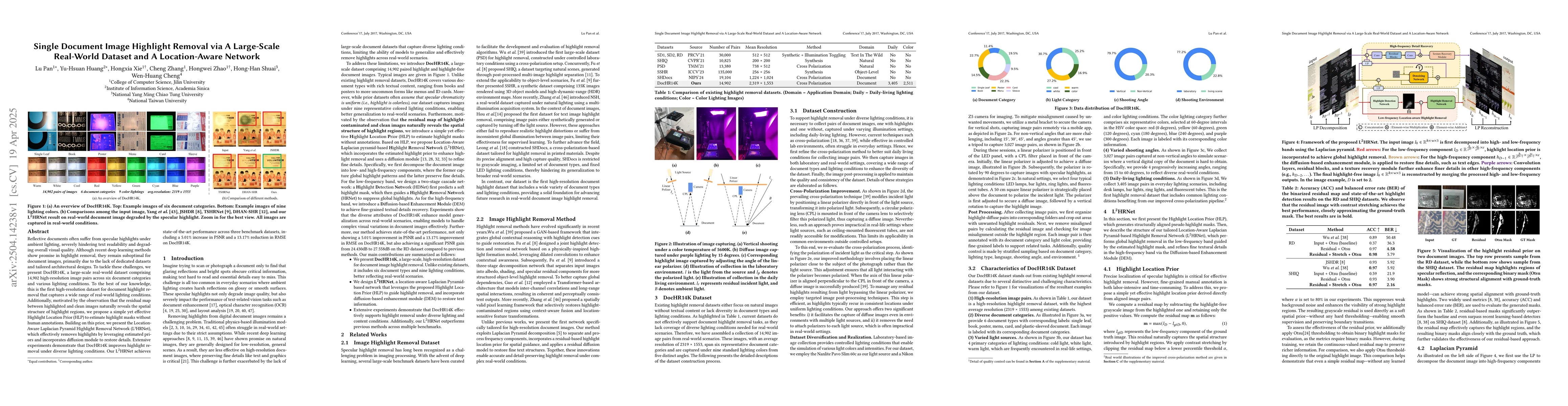 Thumbnail for Single Document Image Highlight Removal via A Large-Scale Real-World
  Dataset and A Location-Aware Network