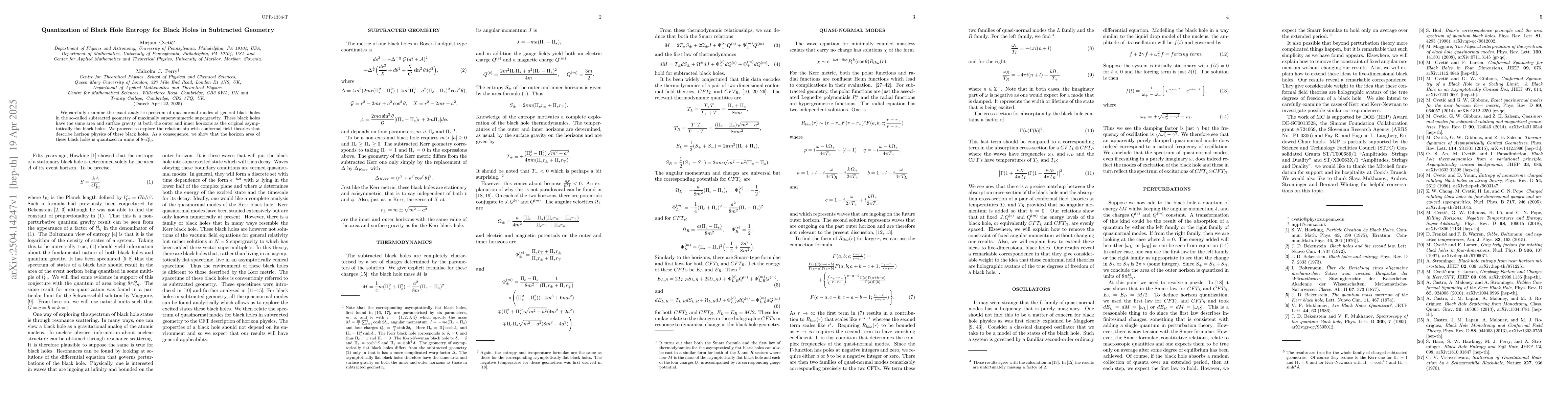 Thumbnail for Quantization of Black Hole Entropy for Black Holes in Subtracted
  Geometry