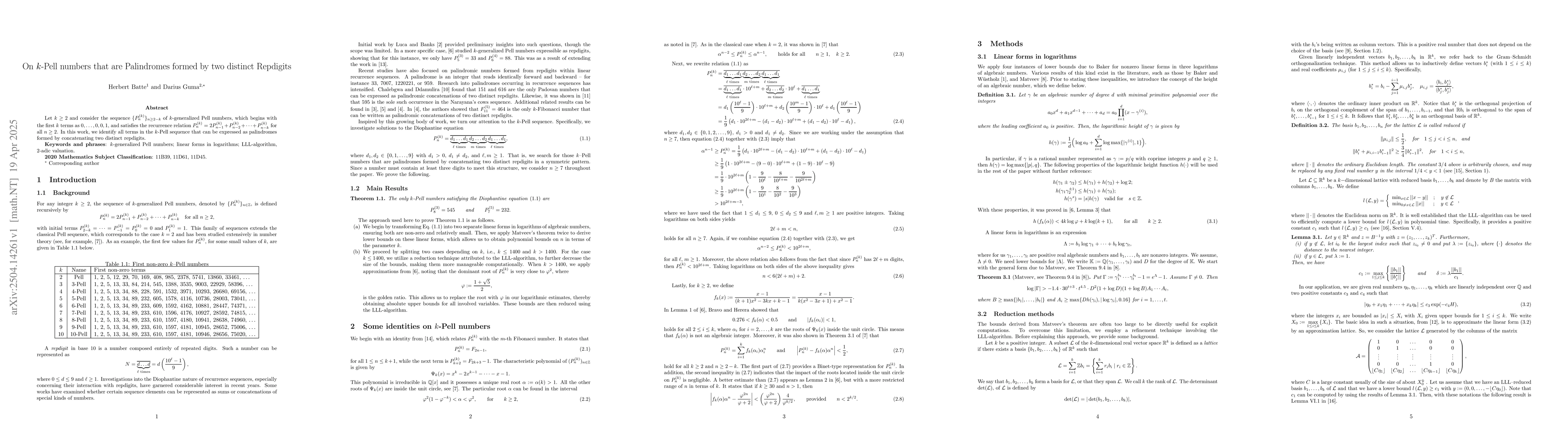 Thumbnail for On $k$-Pell numbers that are Palindromes formed by two distinct
  Repdigits