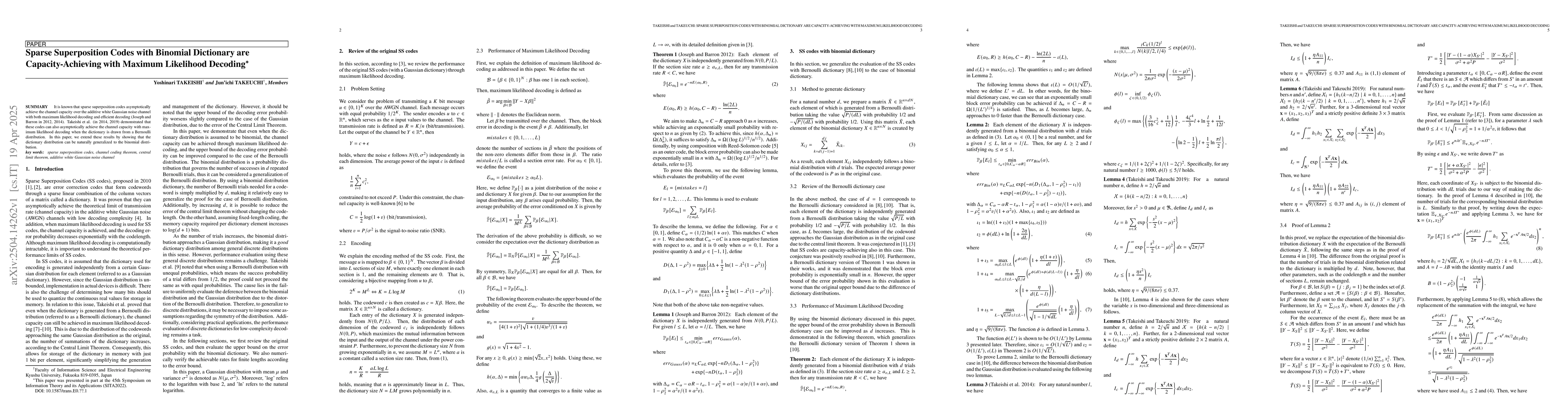Thumbnail for Sparse Superposition Codes with Binomial Dictionary are
  Capacity-Achieving with Maximum Likelihood Decoding