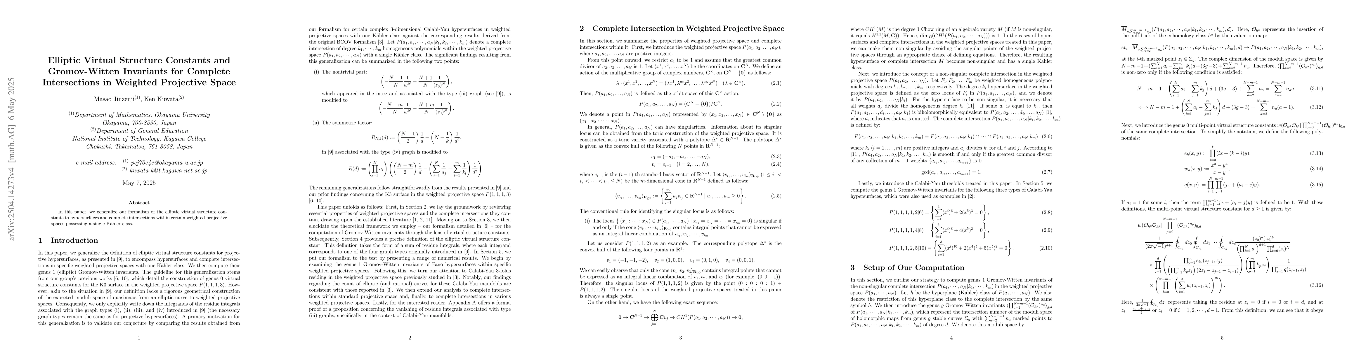 Thumbnail for Elliptic Virtual Structure Constants and Gromov-Witten Invariants for
  Complete Intersections in Weighted Projective Space