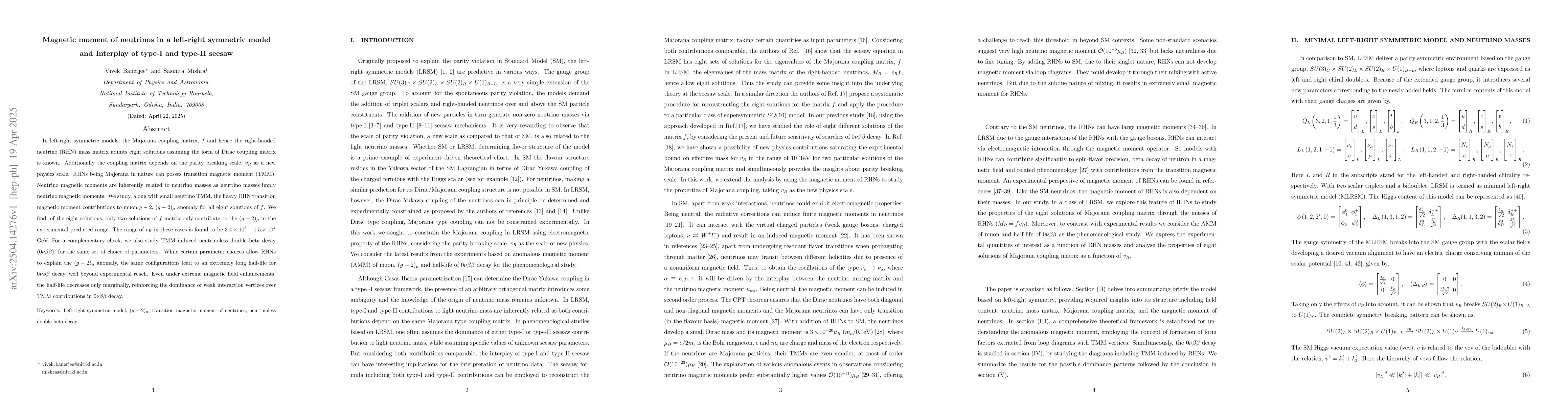 Thumbnail for Magnetic moment of neutrinos in a left-right symmetric model and
  Interplay of type-I and type-II seesaw