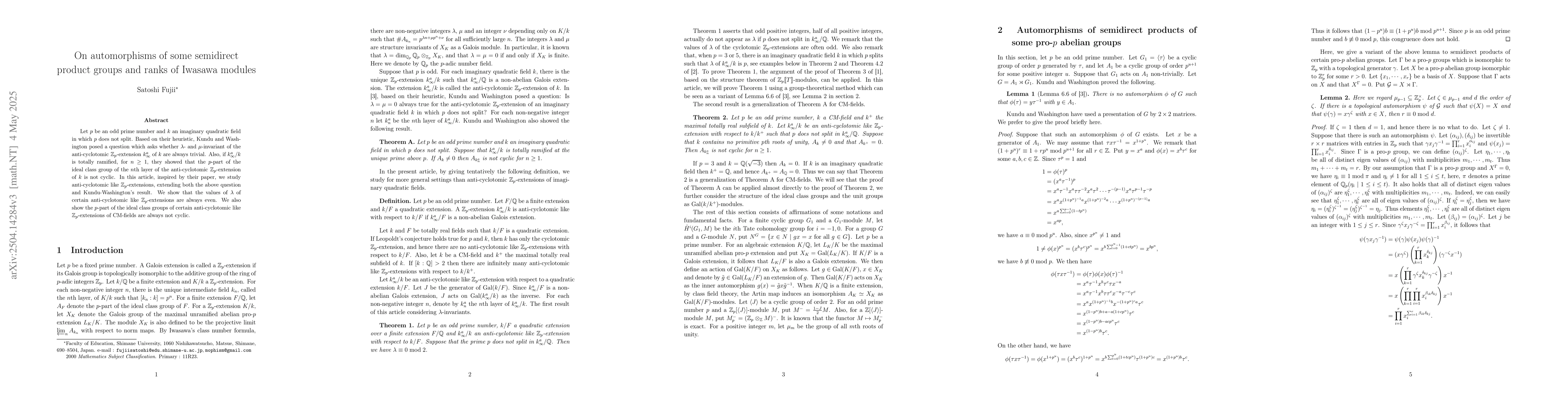 Thumbnail for On automorphisms of some semidirect product groups and ranks of Iwasawa
  modules