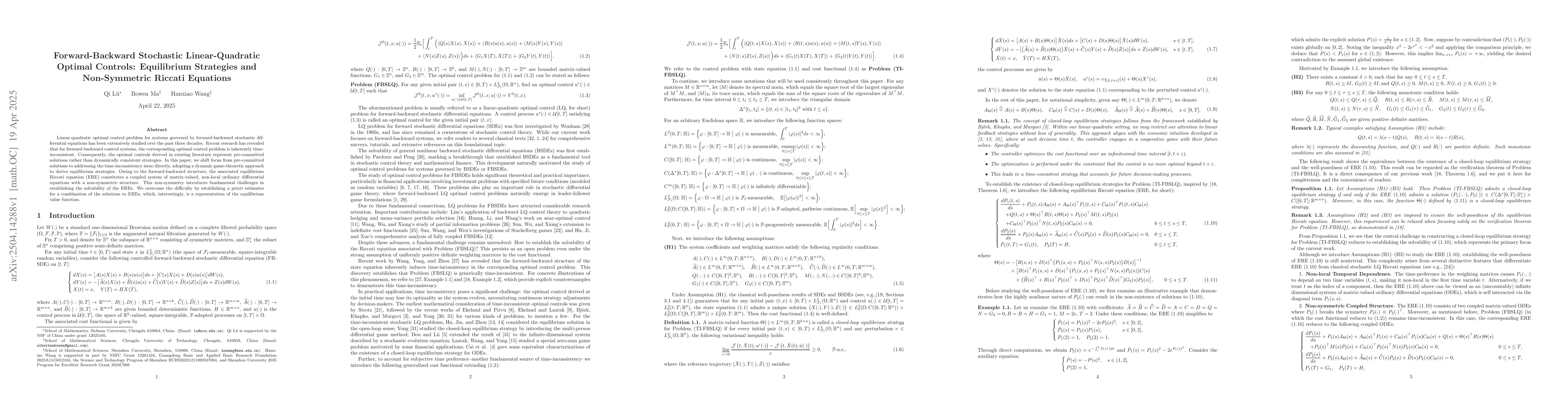 Thumbnail for Forward-Backward Stochastic Linear-Quadratic Optimal Controls:
  Equilibrium Strategies and Non-Symmetric Riccati Equations