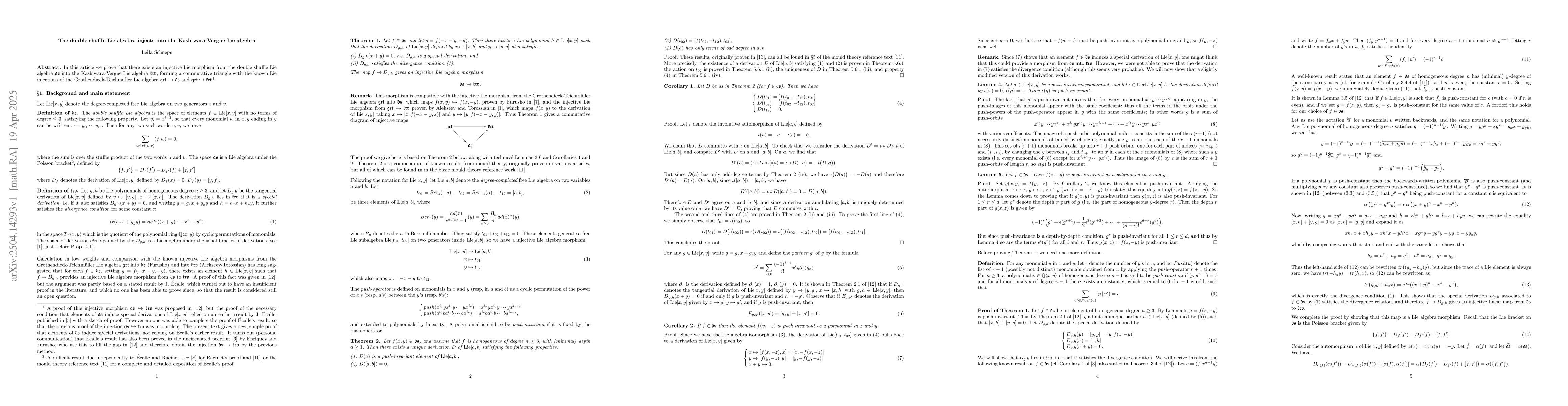 Thumbnail for The double shuffle Lie algebra injects into the Kashiwara-Vergne Lie
  algebra