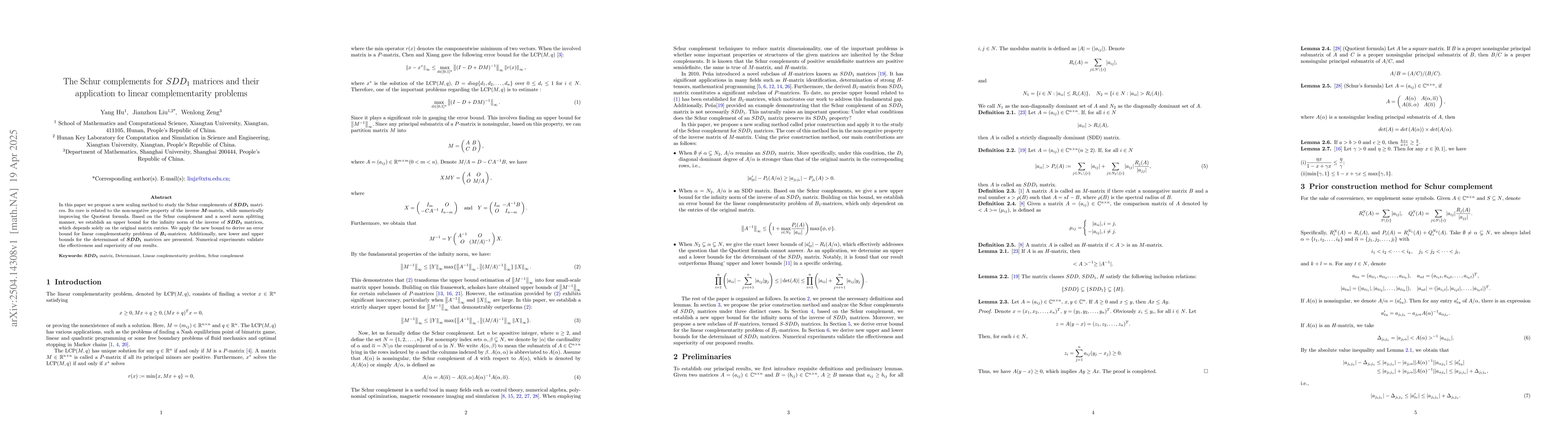 Thumbnail for The Schur complements for $SDD_{1}$ matrices and their application to
  linear complementarity problems