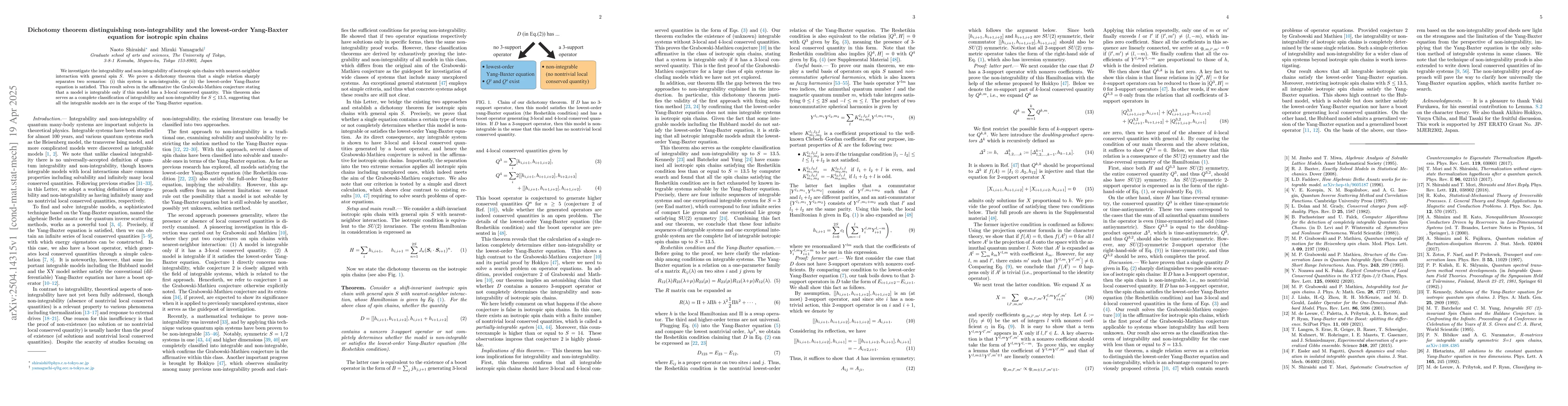Thumbnail for Dichotomy theorem distinguishing non-integrability and the lowest-order
  Yang-Baxter equation for isotropic spin chains