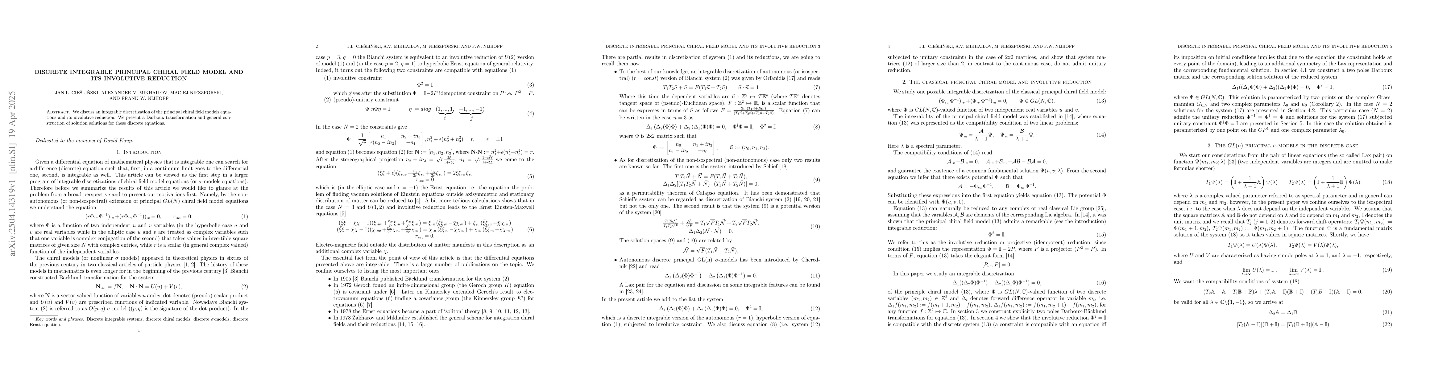 Thumbnail for Discrete integrable principal chiral field model and its involutive
  reduction