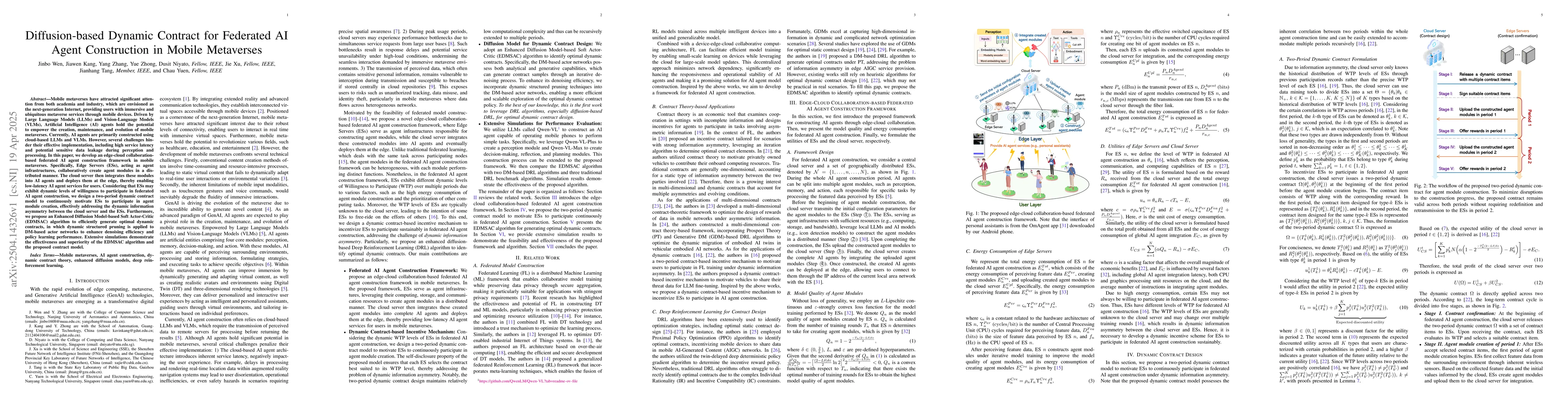 Thumbnail for Diffusion-based Dynamic Contract for Federated AI Agent Construction in
  Mobile Metaverses