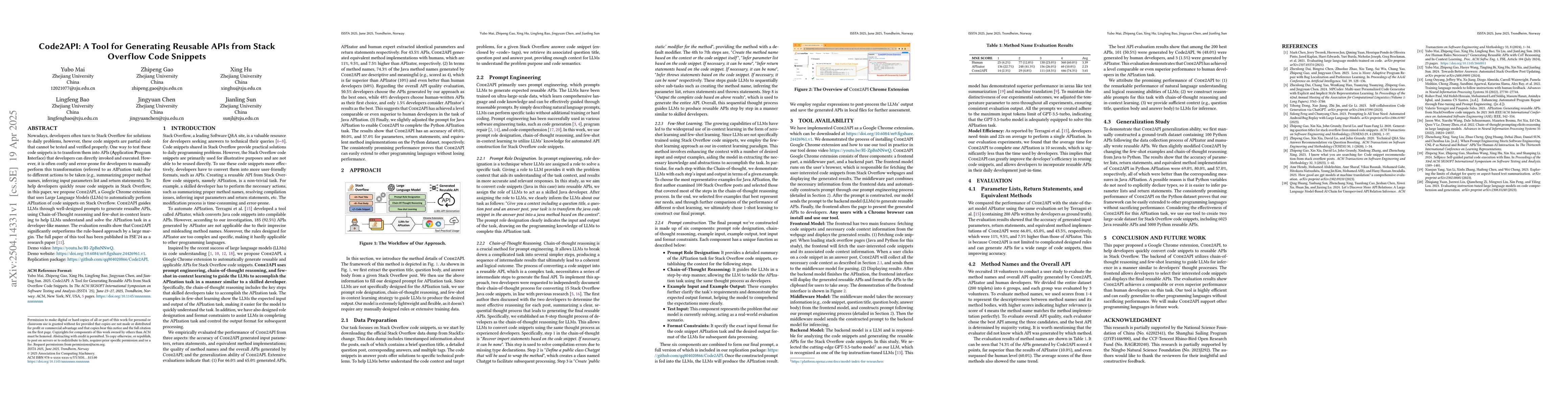 Thumbnail for Code2API: A Tool for Generating Reusable APIs from Stack Overflow Code
  Snippets
