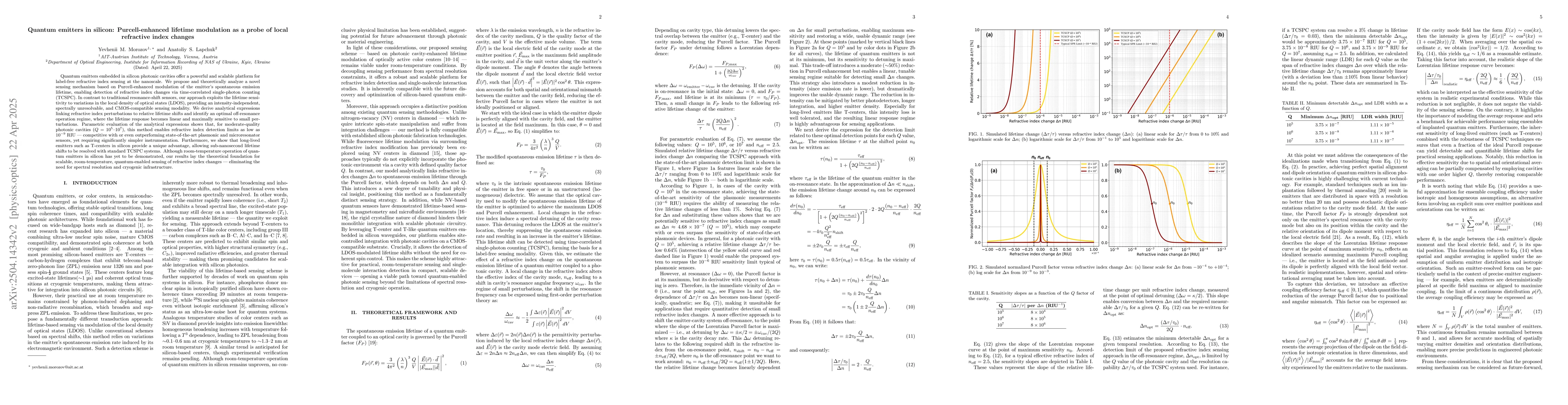 Thumbnail for Quantum emitters in silicon: Purcell-enhanced lifetime modulation as a
  probe of local refractive index changes