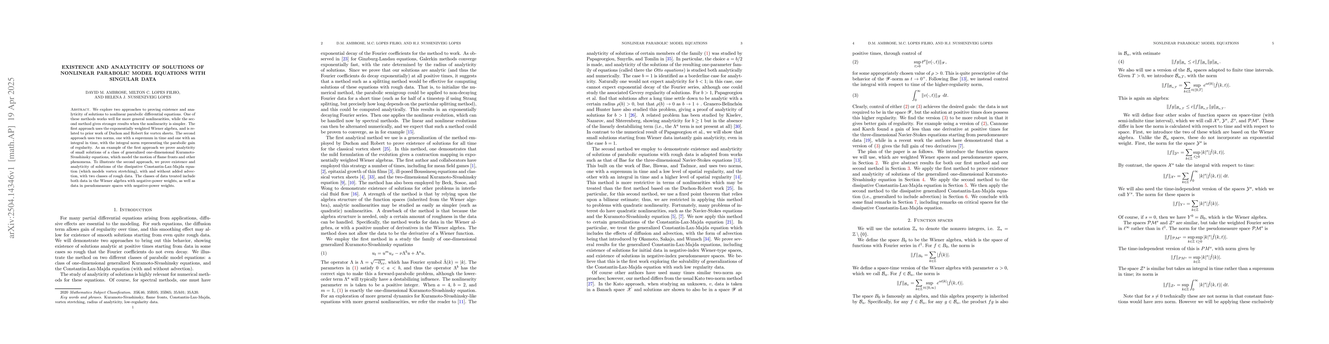 Thumbnail for Existence and analyticity of solutions of nonlinear parabolic model
  equations with singular data