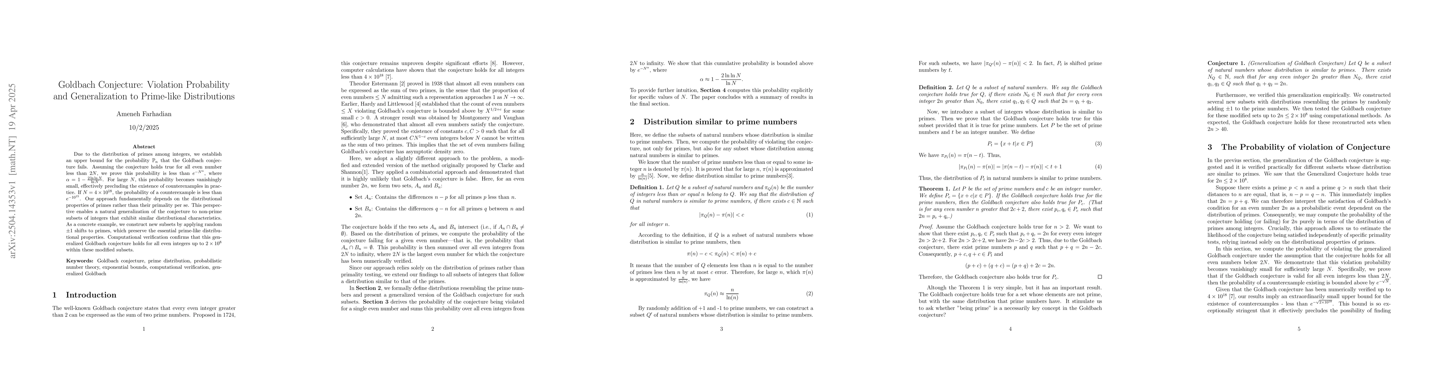 Thumbnail for Goldbach Conjecture: Violation Probability and Generalization to
  Prime-like Distributions