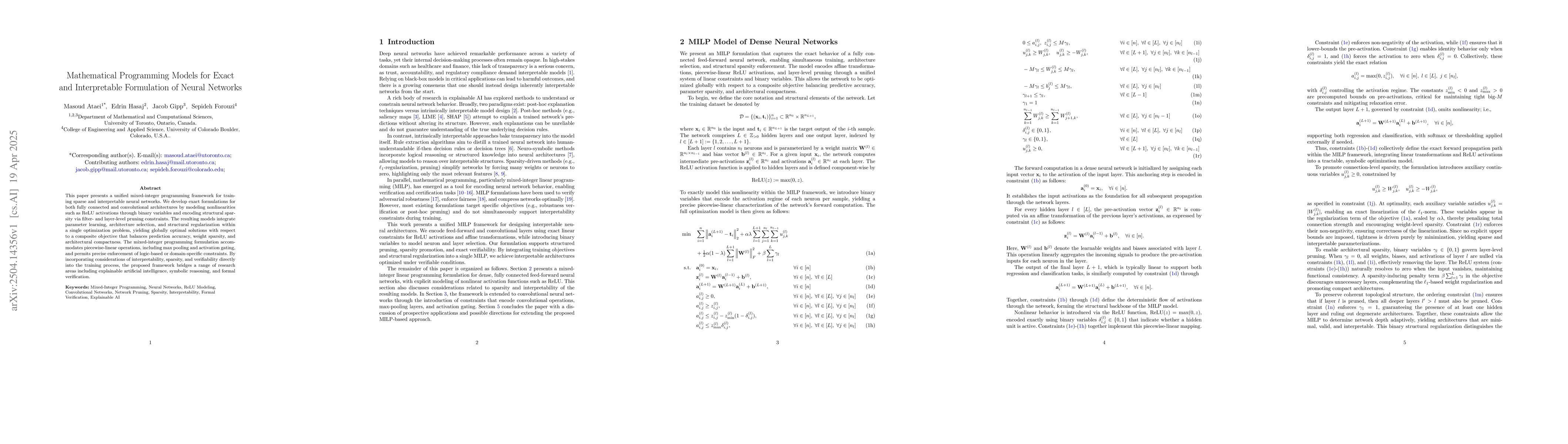 Thumbnail for Mathematical Programming Models for Exact and Interpretable Formulation
  of Neural Networks