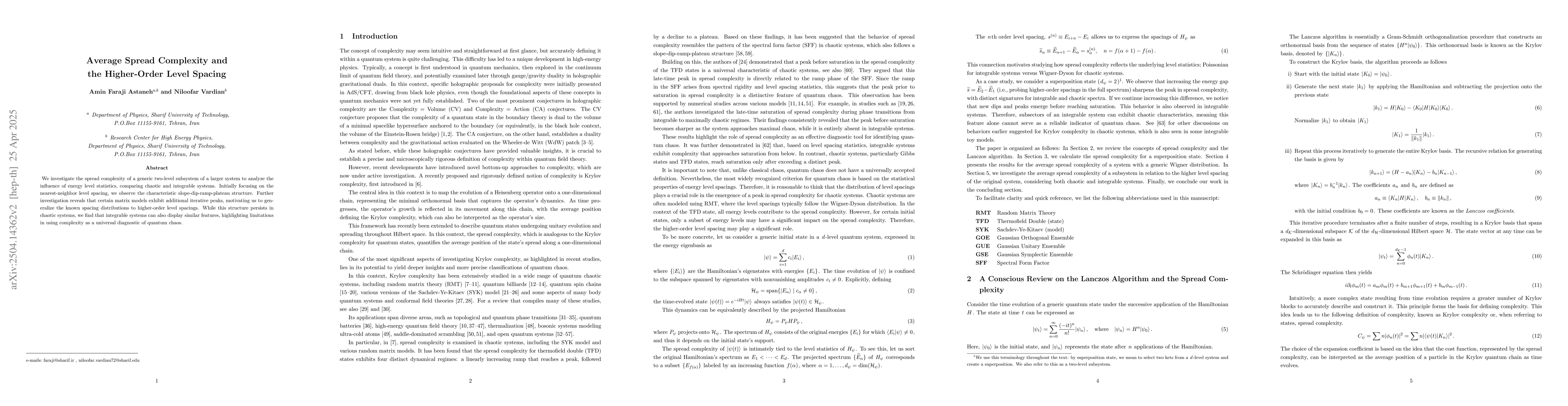 Thumbnail for Average Spread Complexity and the Higher-Order Level Spacing