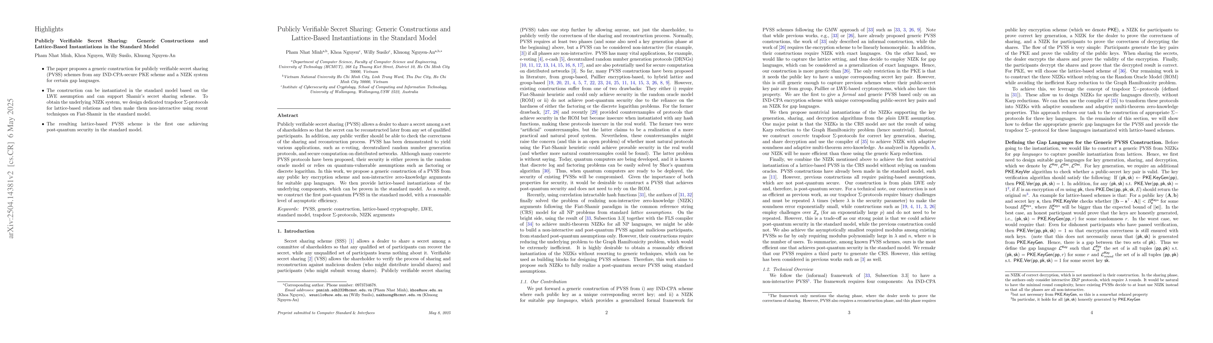 Thumbnail for Publicly Verifiable Secret Sharing: Generic Constructions and
  Lattice-Based Instantiations in the Standard Model