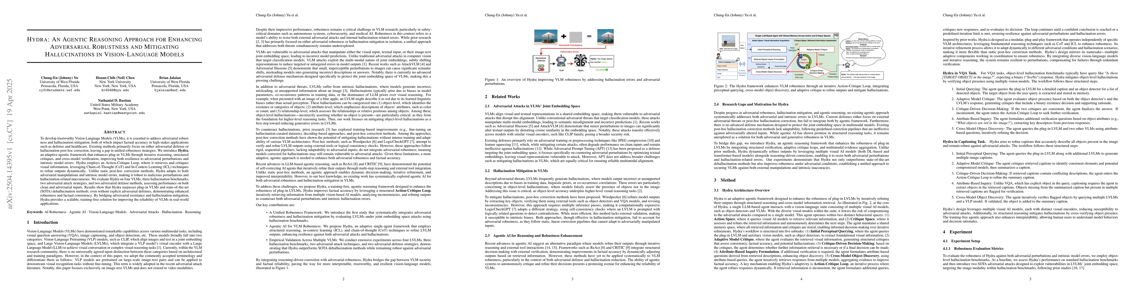 Thumbnail for Hydra: An Agentic Reasoning Approach for Enhancing Adversarial
  Robustness and Mitigating Hallucinations in Vision-Language Models