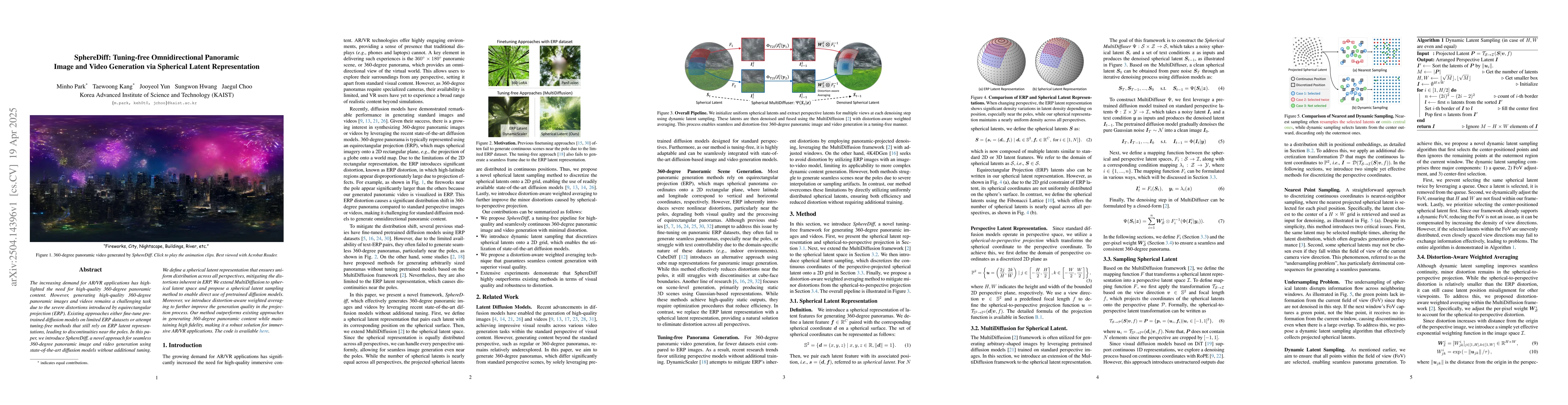 Thumbnail for SphereDiff: Tuning-free Omnidirectional Panoramic Image and Video
  Generation via Spherical Latent Representation