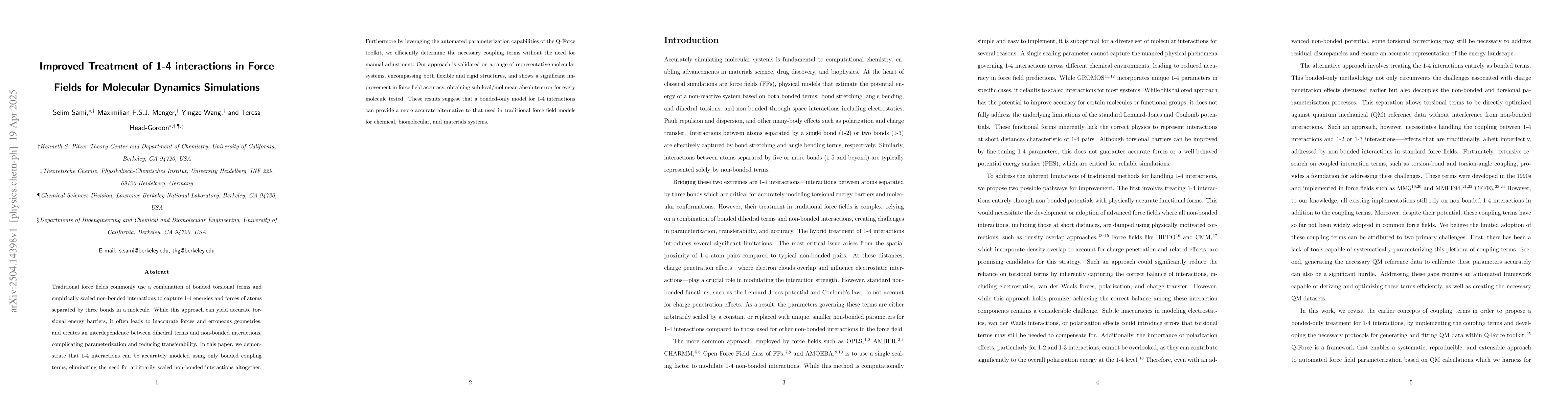 Thumbnail for Improved Treatment of 1-4 interactions in Force Fields for Molecular
  Dynamics Simulations