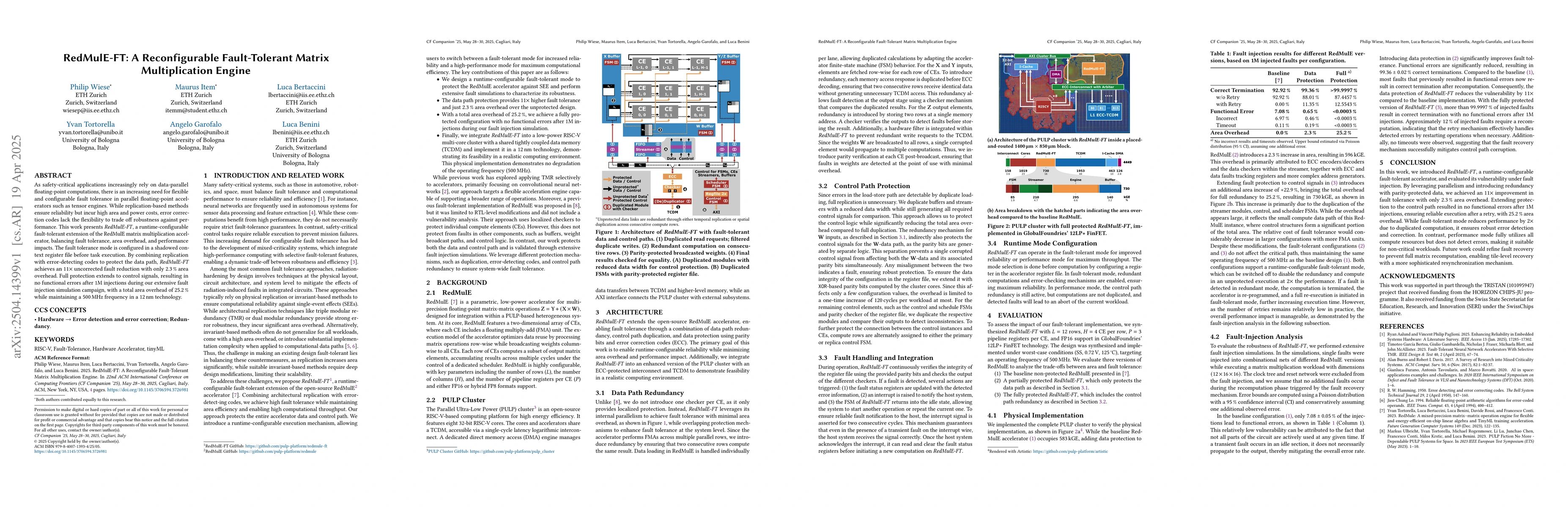 Thumbnail for RedMulE-FT: A Reconfigurable Fault-Tolerant Matrix Multiplication Engine