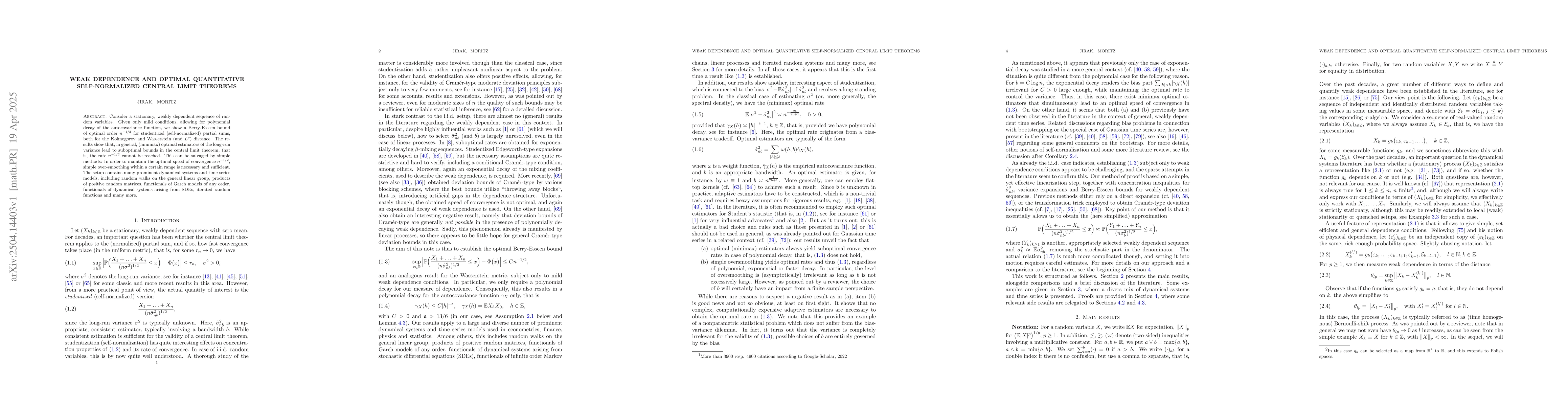 Thumbnail for Weak dependence and optimal quantitative self-normalized central limit
  theorems
