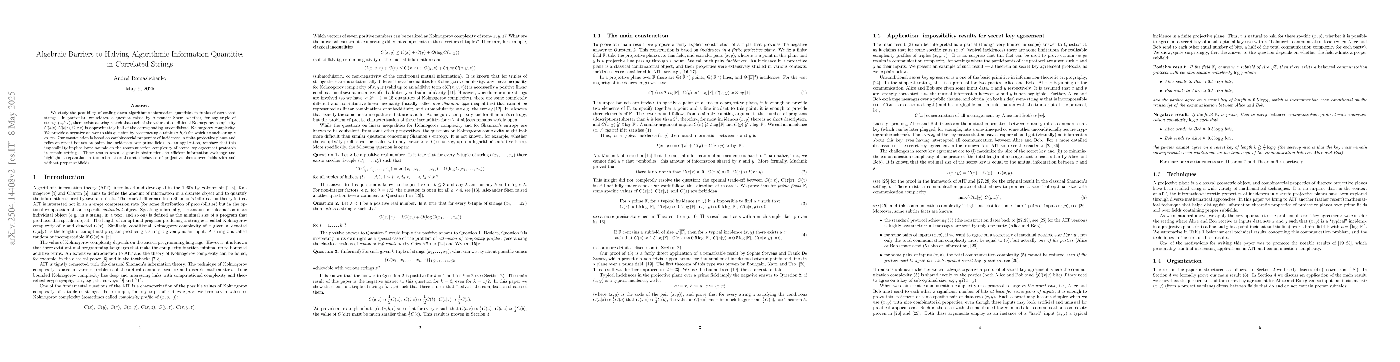 Thumbnail for Algebraic Barriers to Halving Algorithmic Information Quantities in
  Correlated Strings