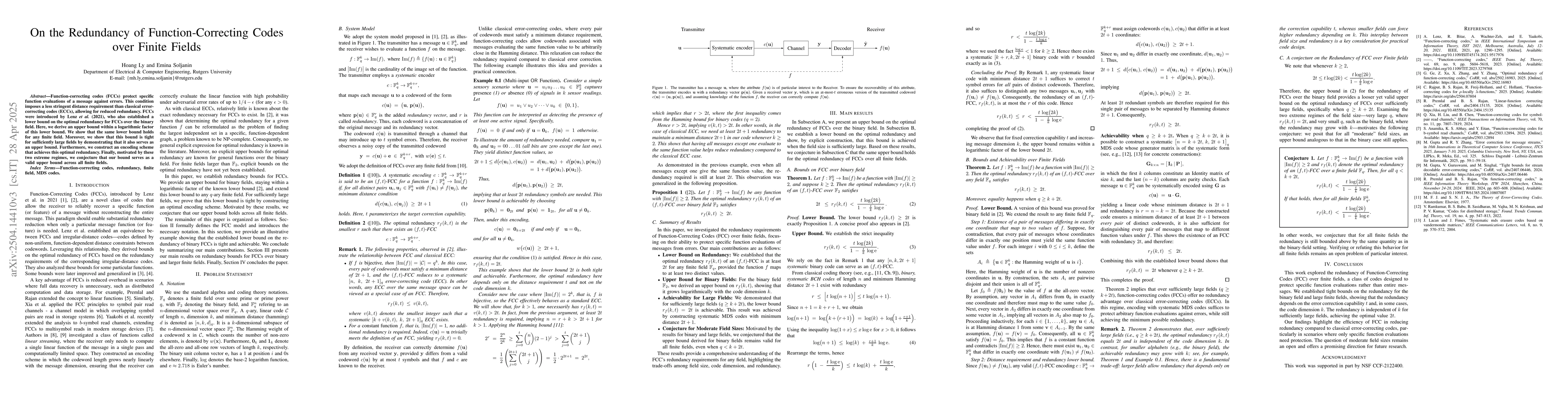 Thumbnail for On the Redundancy of Function-Correcting Codes over Finite Fields