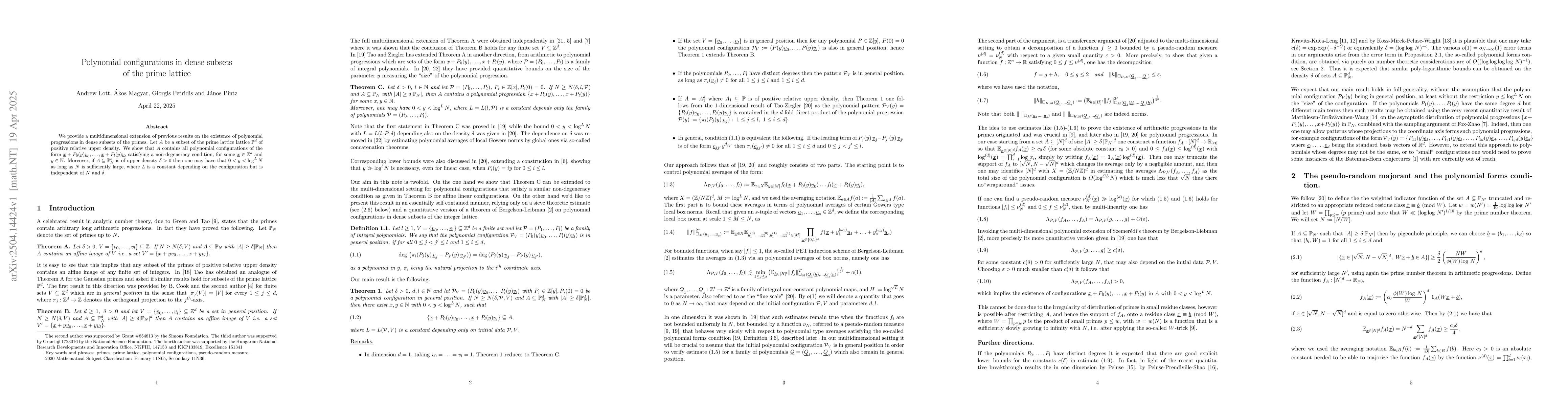 Thumbnail for Polynomial configurations in dense subsets of the prime lattice