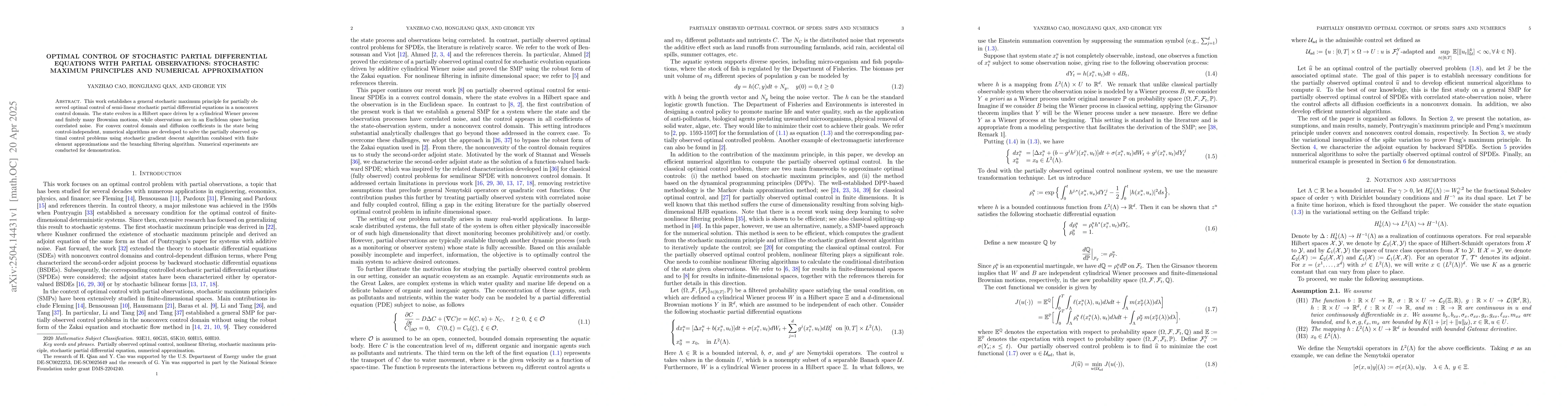 Thumbnail for Optimal Control of Stochastic Partial Differential Equations with
  Partial Observations: Stochastic Maximum Principles and Numerical
  Approximation