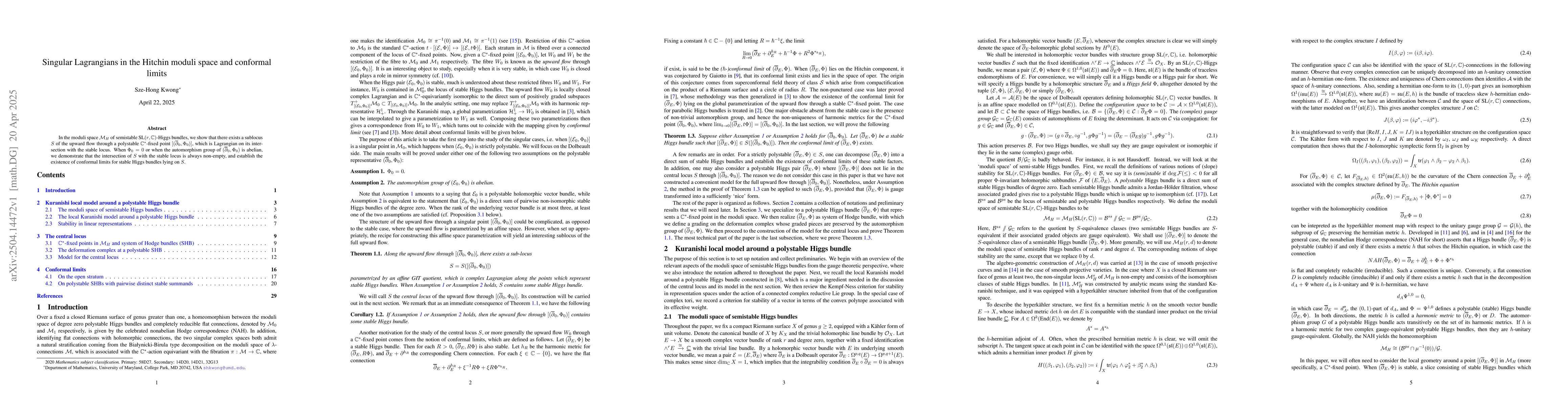 Thumbnail for Singular Lagrangians in the Hitchin moduli space and conformal limits